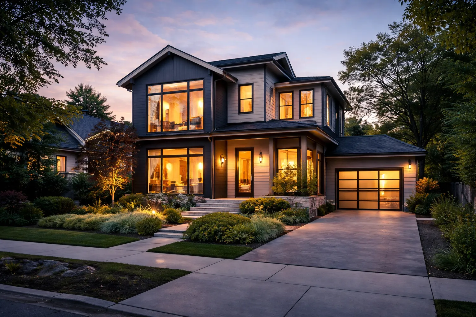 Modern single-family home at dusk with warm interior lighting