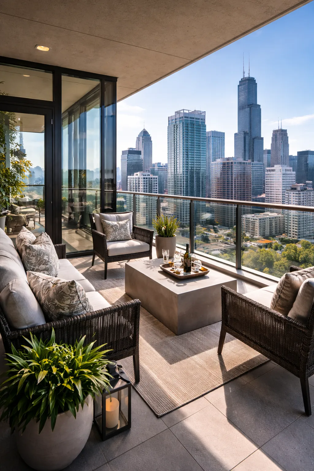Modern condo balcony with city skyline view