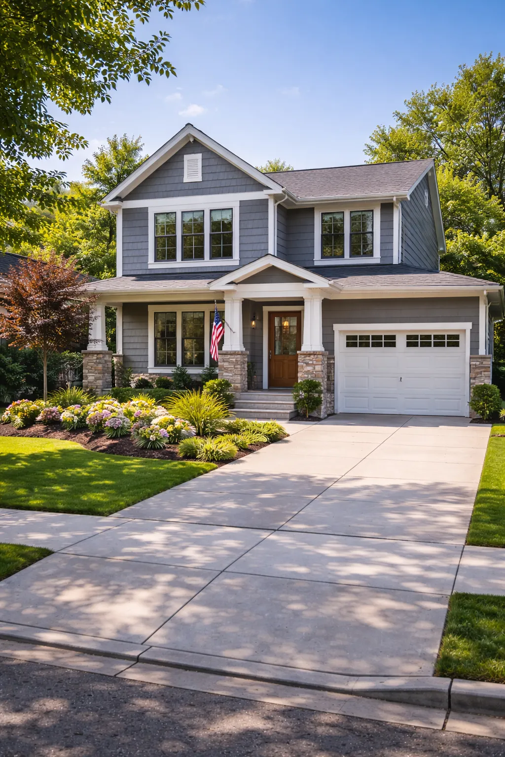 Suburban family home with green lawn and driveway