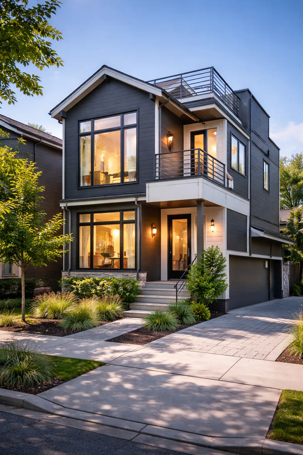 Modern multi-level townhouse exterior with large windows