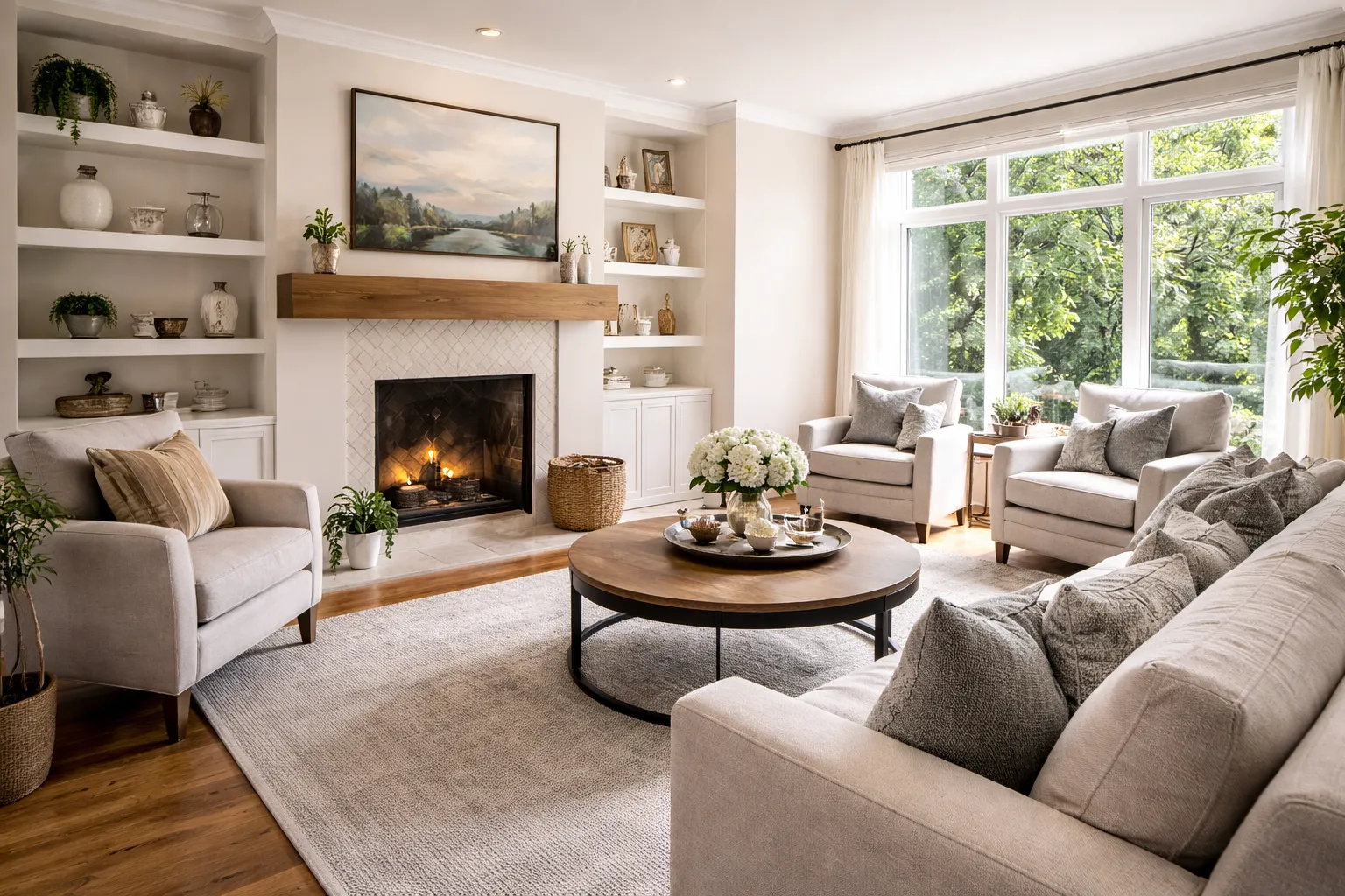 Professionally staged living room with natural light